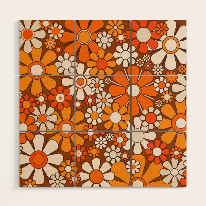 Retro Garden Flowers Groovy Floral Cheerful 60s 70s Pattern in 1970s Orange Brown Beige Wood Wall Art Gallery Image 2