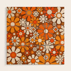 Retro Garden Flowers Groovy Floral Cheerful 60s 70s Pattern in 1970s Orange Brown Beige Wood Wall Art Gallery Image 2
