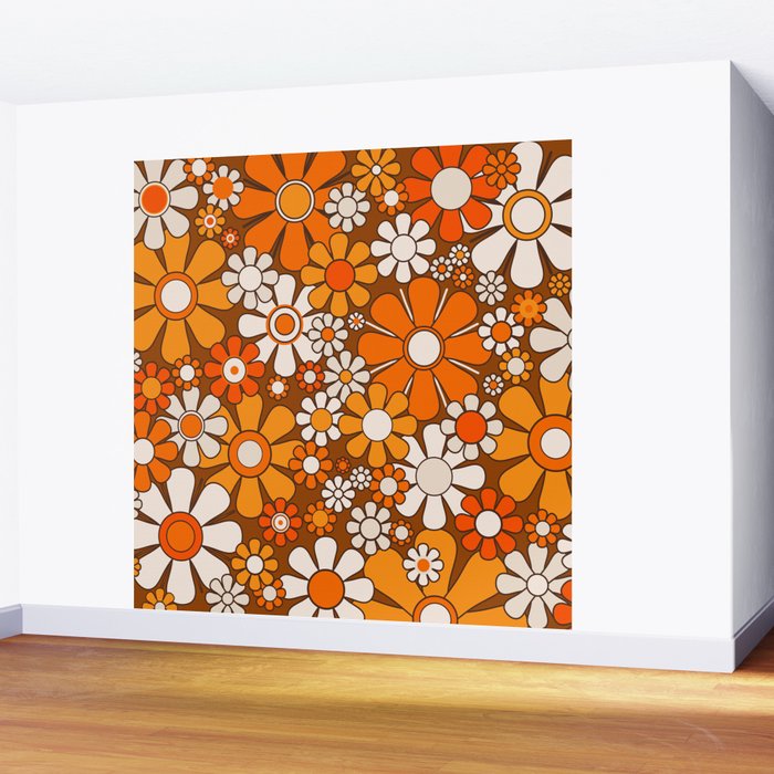 Retro Garden Flowers Groovy Floral Cheerful 60s 70s Pattern in 1970s Orange Brown Beige Wall Mural Gallery Image 2