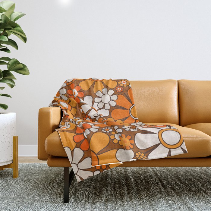 Retro Garden Flowers Groovy Floral Cheerful 60s 70s Pattern in 1970s Orange Brown Beige Throw Blanket Gallery Image 1