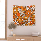 Retro Garden Flowers Groovy Floral Cheerful 60s 70s Pattern in 1970s Orange Brown Beige Wall Tapestry Gallery Image 2