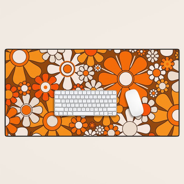 Retro Garden Flowers Groovy Floral Cheerful 60s 70s Pattern in 1970s Orange Brown Beige Desk Mat Gallery Image 1