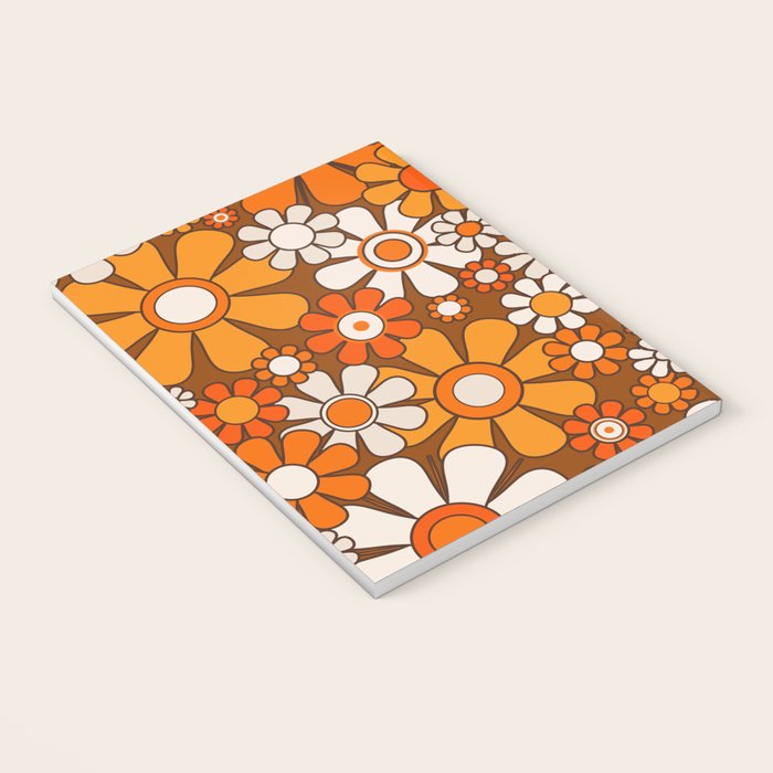 Retro Garden Flowers Groovy Floral Cheerful 60s 70s Pattern in 1970s Orange Brown Beige Notebook Gallery Image 3