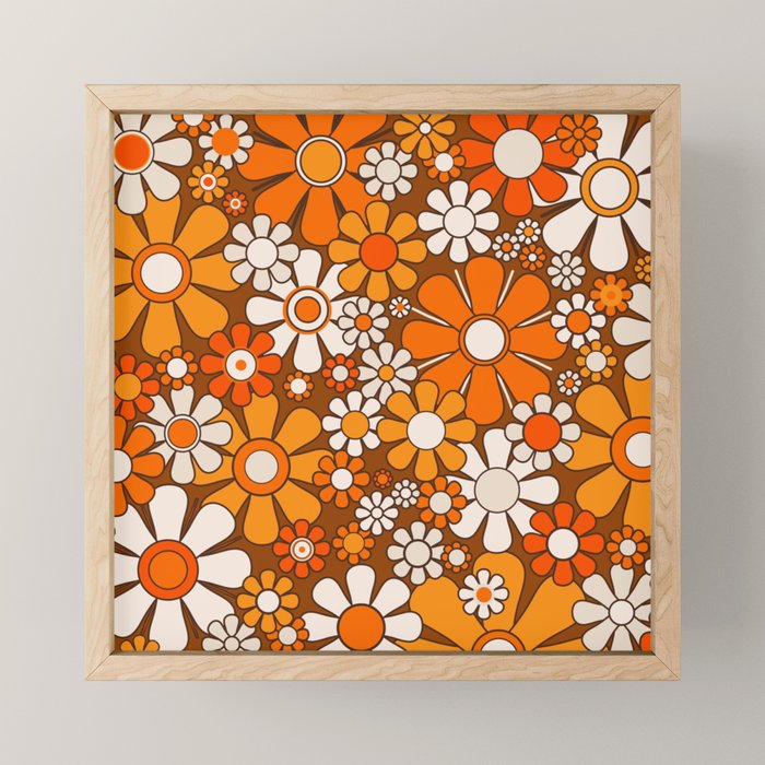 Retro Garden Flowers Groovy Floral Cheerful 60s 70s Pattern in 1970s Orange Brown Beige Mini Art Print Gallery Image 1