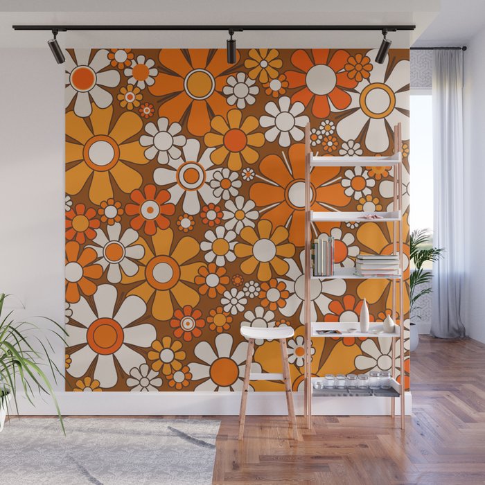 Retro Garden Flowers Groovy Floral Cheerful 60s 70s Pattern in 1970s Orange Brown Beige Wall Mural Gallery Image 1