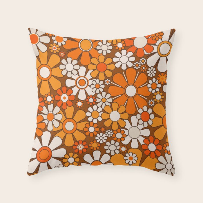 Retro Garden Flowers Groovy Floral Cheerful 60s 70s Pattern in 1970s Orange Brown Beige Throw Pillow Gallery Image 6