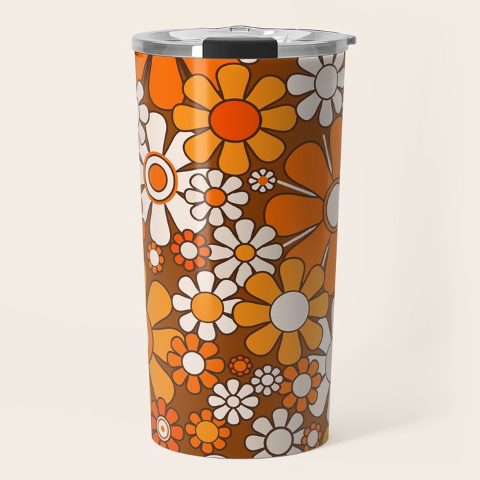 Retro Garden Flowers Groovy Floral Cheerful 60s 70s Pattern in 1970s Orange Brown Beige Travel Mug Gallery Image 1