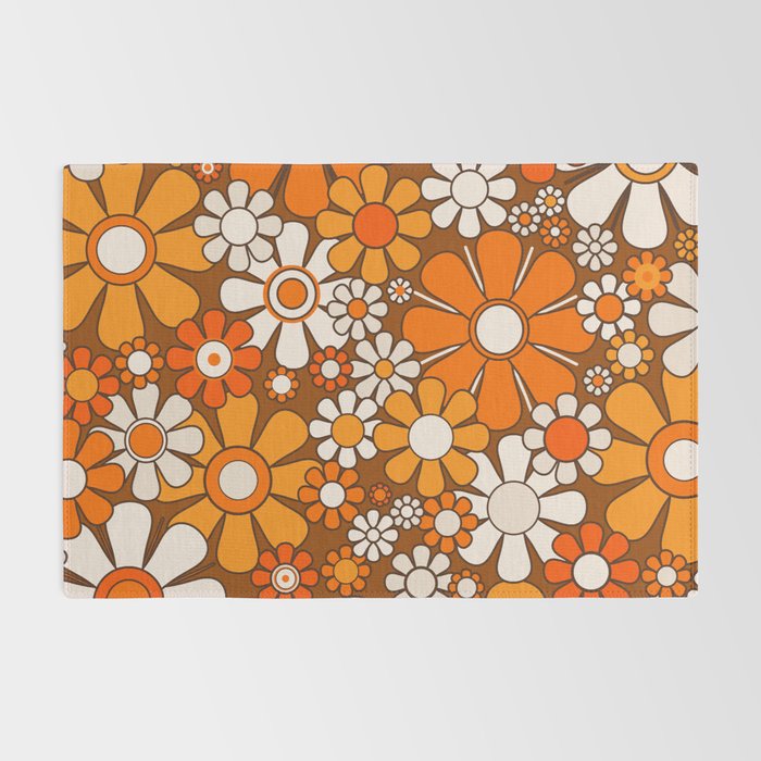 Retro Garden Flowers Groovy Floral Cheerful 60s 70s Pattern in 1970s Orange Brown Beige Rug Gallery Image 2