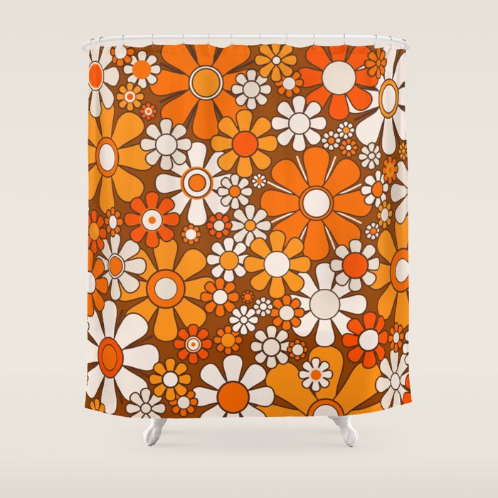 Retro Garden Flowers Groovy Floral Cheerful 60s 70s Pattern in 1970s Orange Brown Beige Shower Curtain Gallery Image 1