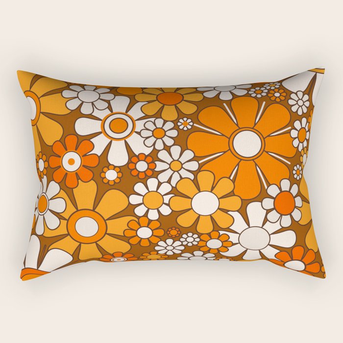 Retro Garden Flowers Groovy Floral Cheerful 60s 70s Pattern in 1970s Orange Brown Beige Rectangular Pillow Gallery Image 1