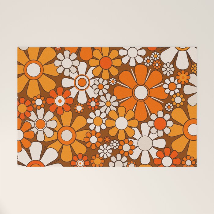 Retro Garden Flowers Groovy Floral Cheerful 60s 70s Pattern in 1970s Orange Brown Beige Welcome Mat Gallery Image 1