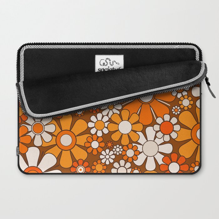 Retro Garden Flowers Groovy Floral Cheerful 60s 70s Pattern in 1970s Orange Brown Beige Laptop Sleeve Gallery Image 2