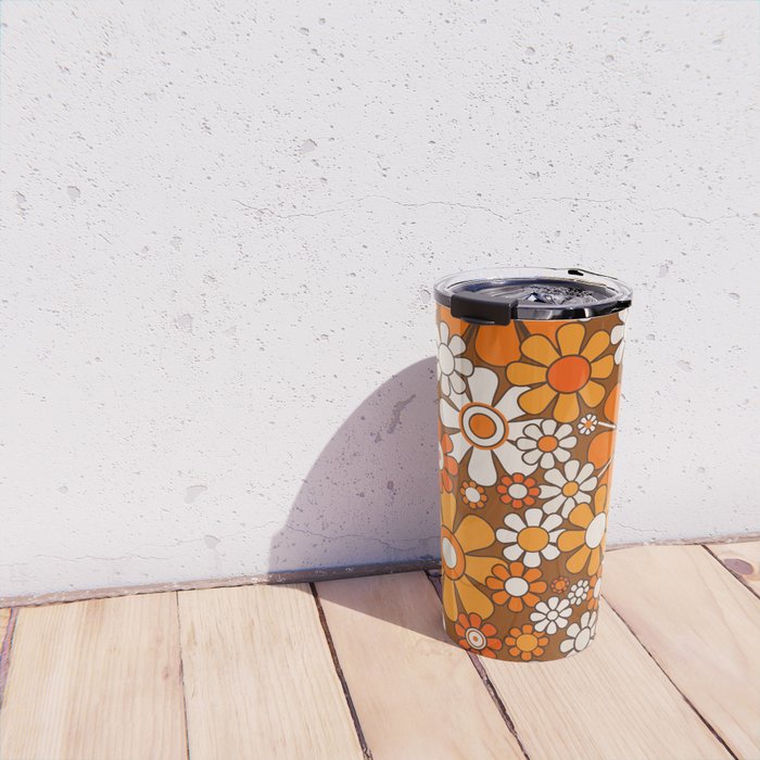 Retro Garden Flowers Groovy Floral Cheerful 60s 70s Pattern in 1970s Orange Brown Beige Travel Mug Gallery Image 4
