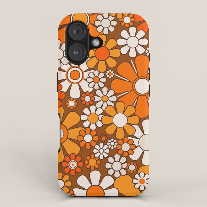 Retro Garden Flowers Groovy Floral Cheerful 60s 70s Pattern in 1970s Orange Brown Beige iPhone Case Gallery Image 1