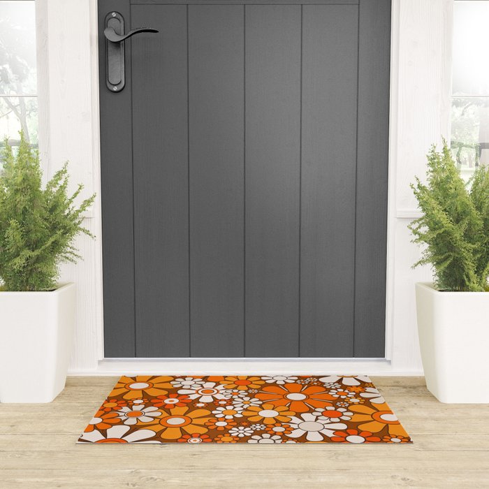 Retro Garden Flowers Groovy Floral Cheerful 60s 70s Pattern in 1970s Orange Brown Beige Welcome Mat Gallery Image 3