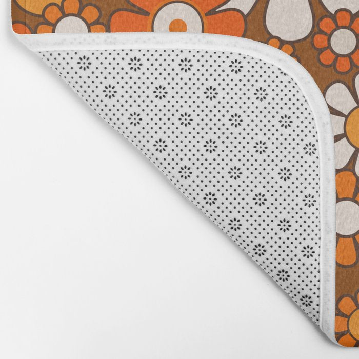 Retro Garden Flowers Groovy Floral Cheerful 60s 70s Pattern in 1970s Orange Brown Beige Bath Mat Gallery Image 2