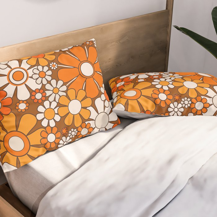 Retro Garden Flowers Groovy Floral Cheerful 60s 70s Pattern in 1970s Orange Brown Beige Pillow Sham Gallery Image 2