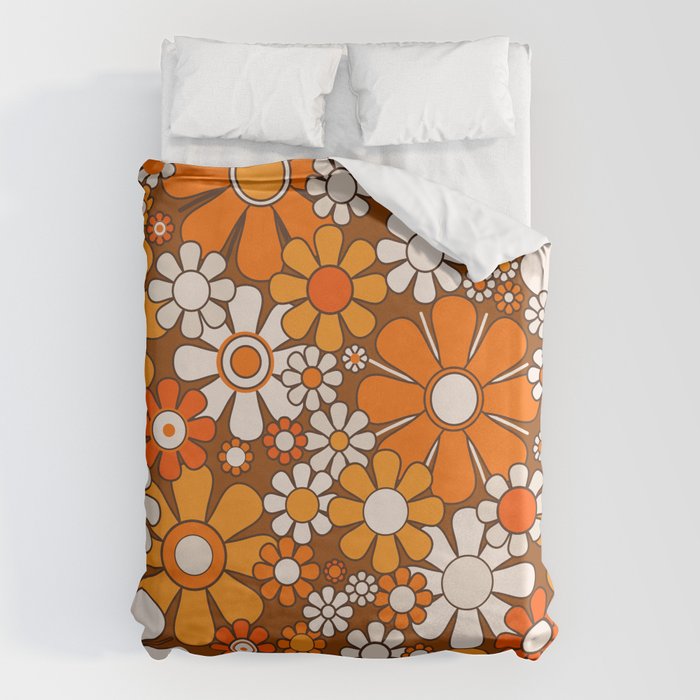 Retro Garden Flowers Groovy Floral Cheerful 60s 70s Pattern in 1970s Orange Brown Beige Duvet Cover Gallery Image 6