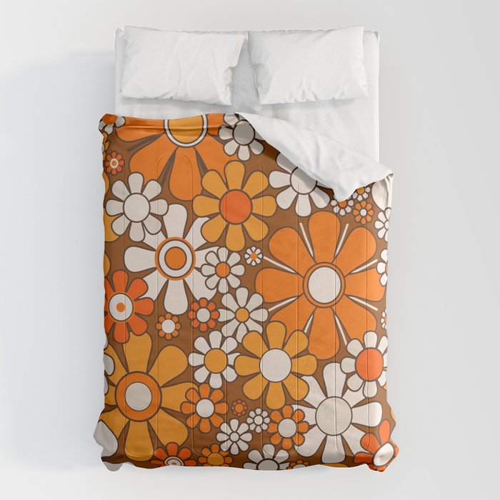 Retro Garden Flowers Groovy Floral Cheerful 60s 70s Pattern in 1970s Orange Brown Beige Comforter Gallery Image 6