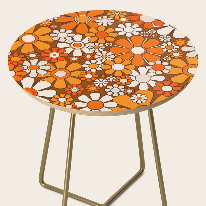 Retro Garden Flowers Groovy Floral Cheerful 60s 70s Pattern in 1970s Orange Brown Beige Side Table Gallery Image 2