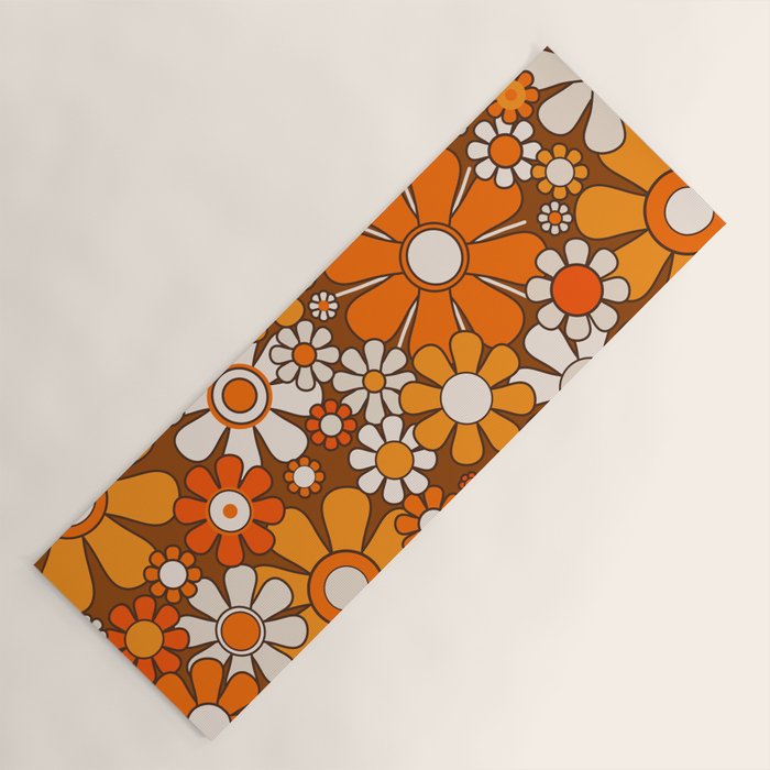 Retro Garden Flowers Groovy Floral Cheerful 60s 70s Pattern in 1970s Orange Brown Beige Yoga Mat Gallery Image 1