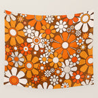 Retro Garden Flowers Groovy Floral Cheerful 60s 70s Pattern in 1970s Orange Brown Beige Wall Tapestry Gallery Image 4
