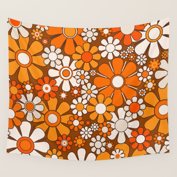 Retro Garden Flowers Groovy Floral Cheerful 60s 70s Pattern in 1970s Orange Brown Beige Wall Tapestry Gallery Image 4