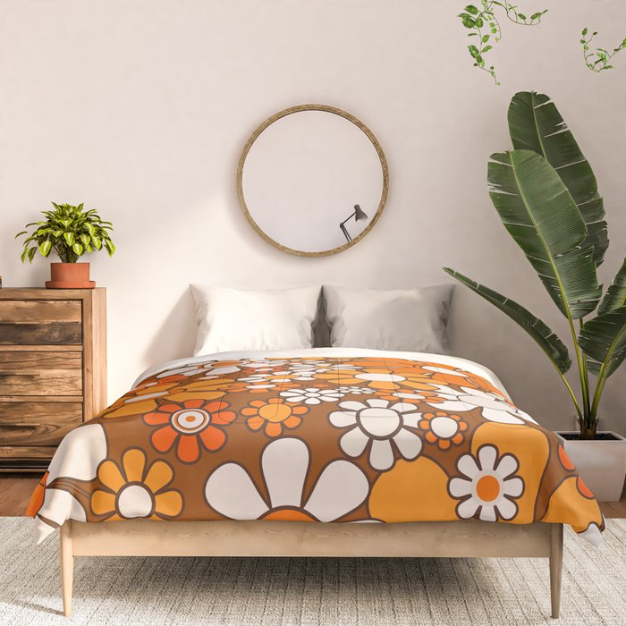 Retro Garden Flowers Groovy Floral Cheerful 60s 70s Pattern in 1970s Orange Brown Beige Comforter Gallery Image 3