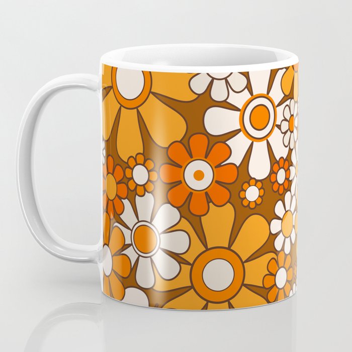 Retro Garden Flowers Groovy Floral Cheerful 60s 70s Pattern in 1970s Orange Brown Beige Coffee Mug Gallery Image 3