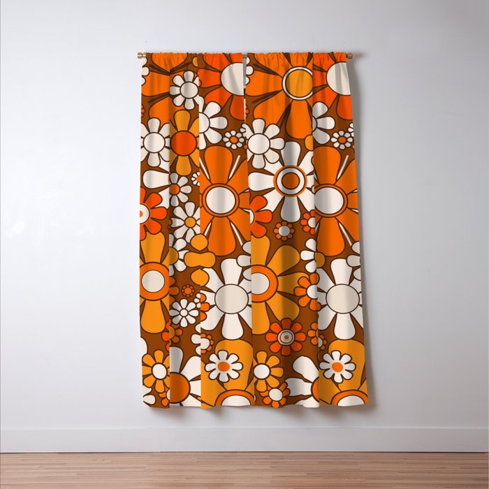 Retro Garden Flowers Groovy Floral Cheerful 60s 70s Pattern in 1970s Orange Brown Beige Window Curtain Gallery Image 3