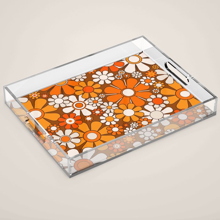 Retro Garden Flowers Groovy Floral Cheerful 60s 70s Pattern in 1970s Orange Brown Beige Acrylic Tray Gallery Image 1