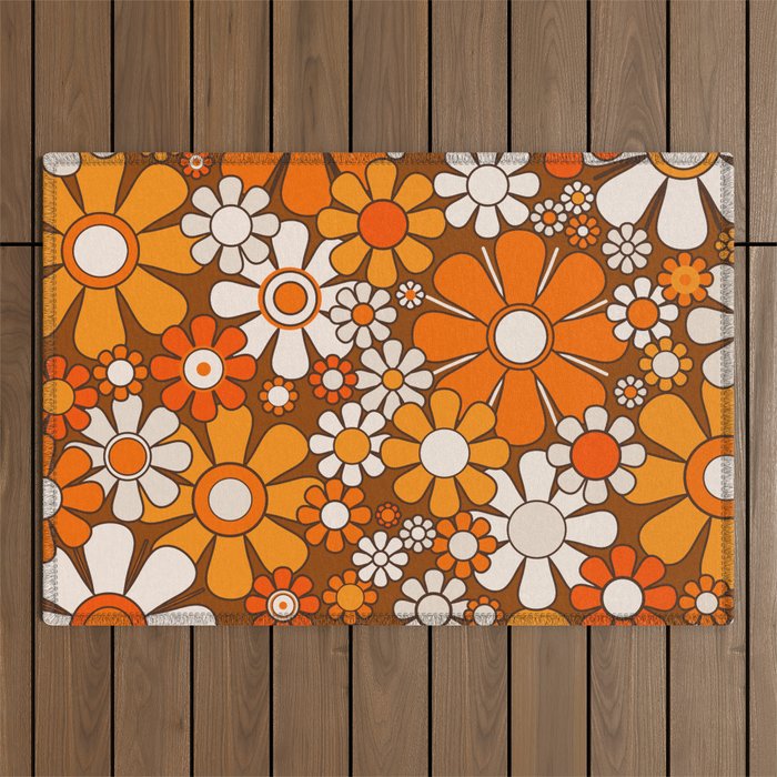Retro Garden Flowers Groovy Floral Cheerful 60s 70s Pattern in 1970s Orange Brown Beige Outdoor Rug Gallery Image 1