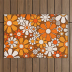 Retro Garden Flowers Groovy Floral Cheerful 60s 70s Pattern in 1970s Orange Brown Beige Outdoor Rug Gallery Image 1