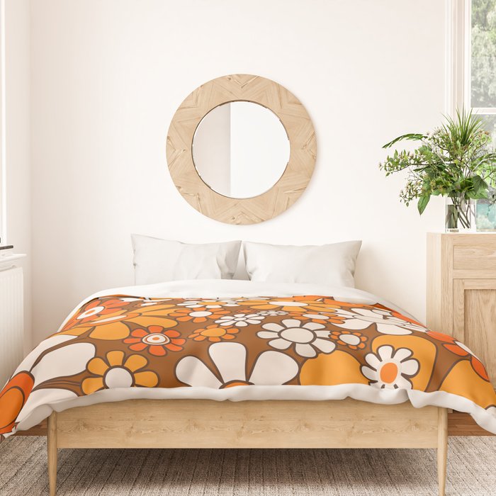 Retro Garden Flowers Groovy Floral Cheerful 60s 70s Pattern in 1970s Orange Brown Beige Duvet Cover Gallery Image 3