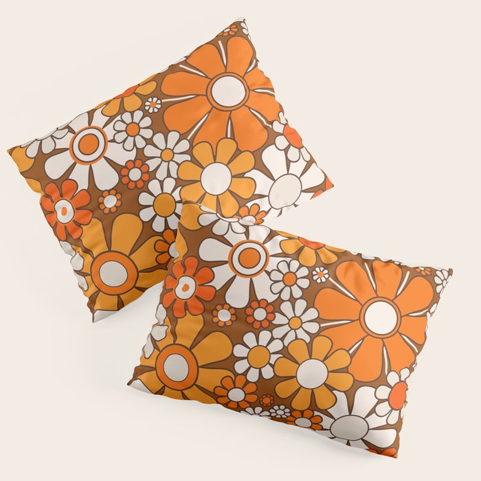 Retro Garden Flowers Groovy Floral Cheerful 60s 70s Pattern in 1970s Orange Brown Beige Pillow Sham Gallery Image 3