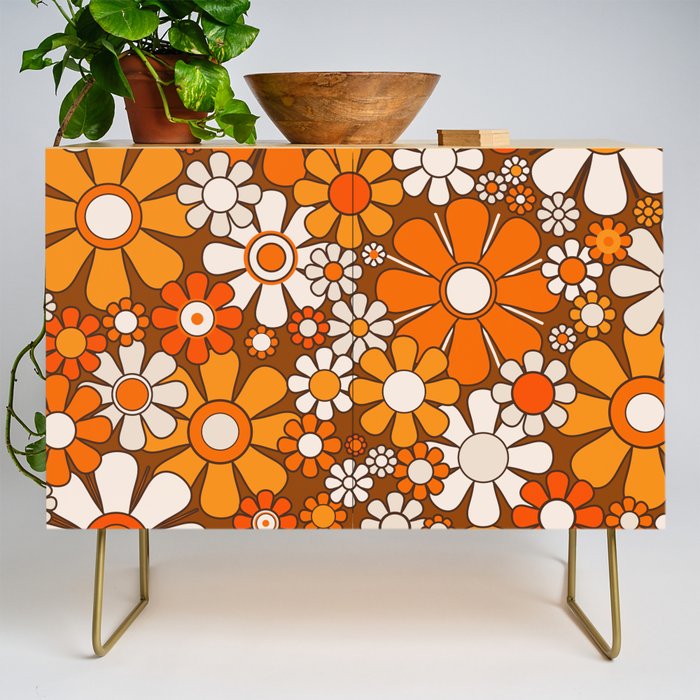 Retro Garden Flowers Groovy Floral Cheerful 60s 70s Pattern in 1970s Orange Brown Beige Credenza Gallery Image 1