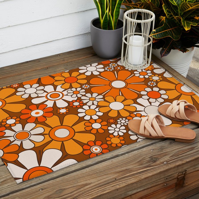 Retro Garden Flowers Groovy Floral Cheerful 60s 70s Pattern in 1970s Orange Brown Beige Outdoor Rug Gallery Image 2