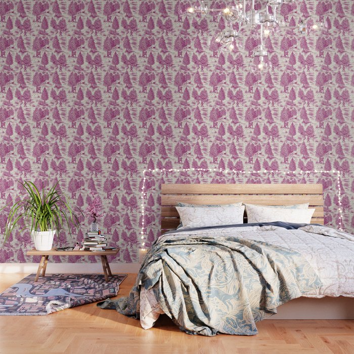Magenta Bigfoot / Sasquatch Toile de Jouy Wallpaper Gallery Image 3