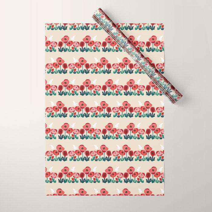 Poppy flowers and bird Wrapping Paper Gallery Image 1