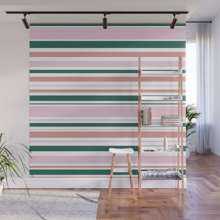 Summer Stripes - Pink, Dusty Rose, Green, and White Wall Mural Gallery Image 1