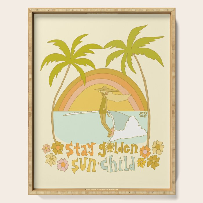 stay golden sun child lady surfer blonde / retro surf art by surfy birdy  Serving Tray Gallery Image 1