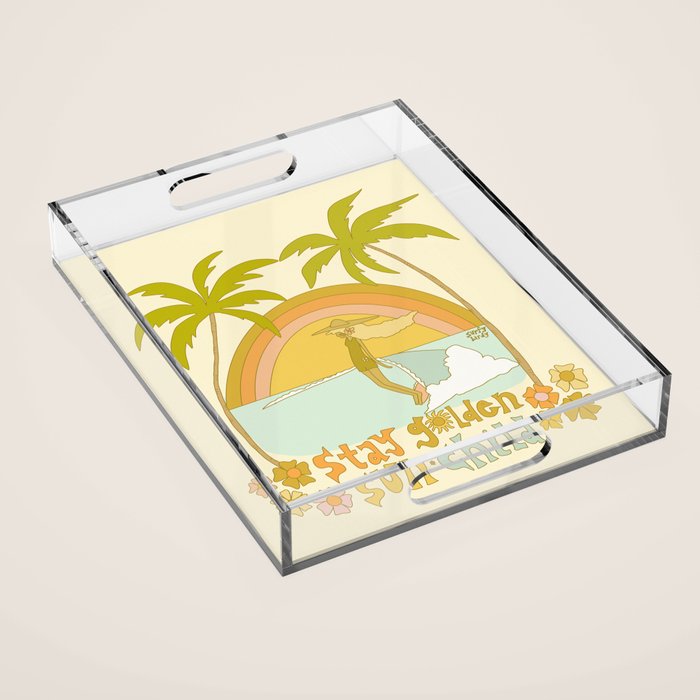 stay golden sun child lady surfer blonde / retro surf art by surfy birdy  Acrylic Tray Gallery Image 1