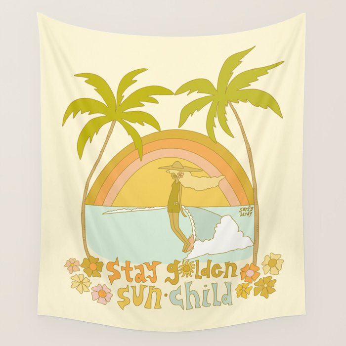 stay golden sun child lady surfer blonde / retro surf art by surfy birdy  Wall Tapestry Gallery Image 4