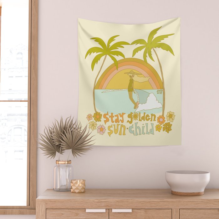 stay golden sun child lady surfer blonde / retro surf art by surfy birdy  Wall Tapestry Gallery Image 2