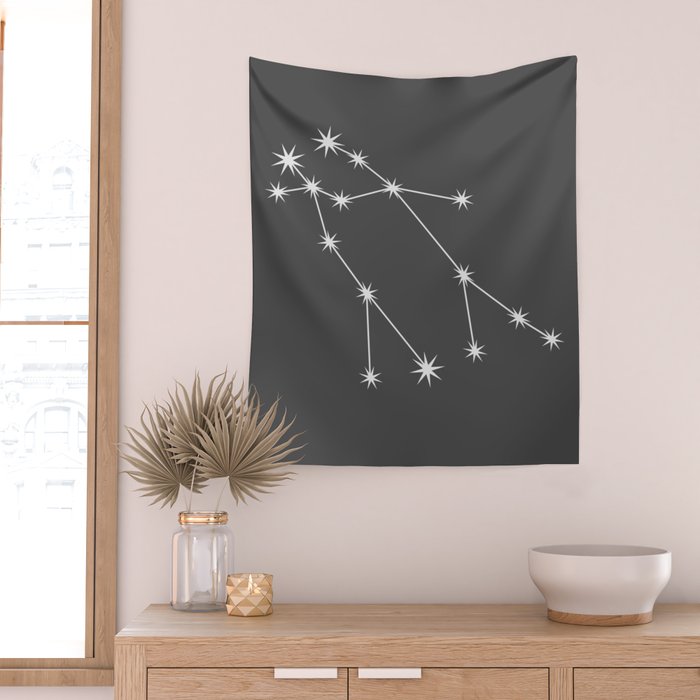 Gemini Zodiac Star Constellation Line Art Grey Wall Tapestry Gallery Image 2