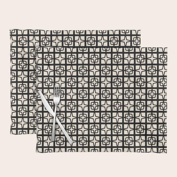 Mid Century Modern Retro Atomic Star Tiles Geometric Pattern Black and Almond Cream Placemat Gallery Image 1