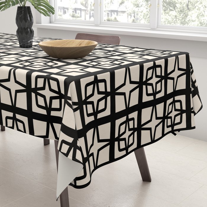 Mid Century Modern Retro Atomic Star Tiles Geometric Pattern Black and Almond Cream Tablecloth Gallery Image 3