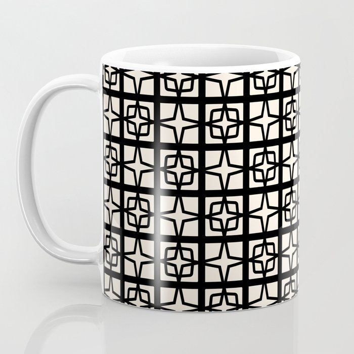 Mid Century Modern Retro Atomic Star Tiles Geometric Pattern Black and Almond Cream Coffee Mug Gallery Image 3