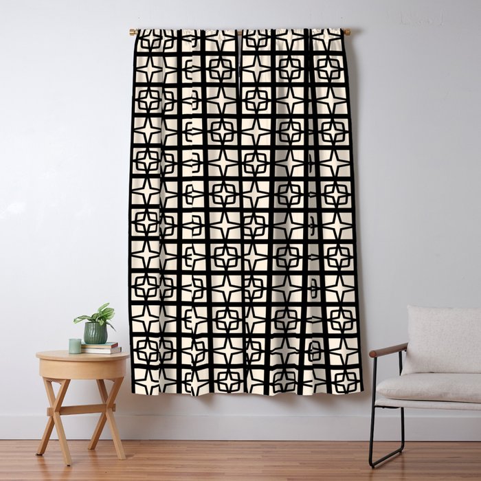 Mid Century Modern Retro Atomic Star Tiles Geometric Pattern Black and Almond Cream Window Curtain Gallery Image 1