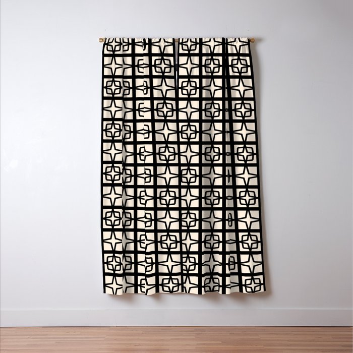 Mid Century Modern Retro Atomic Star Tiles Geometric Pattern Black and Almond Cream Window Curtain Gallery Image 3